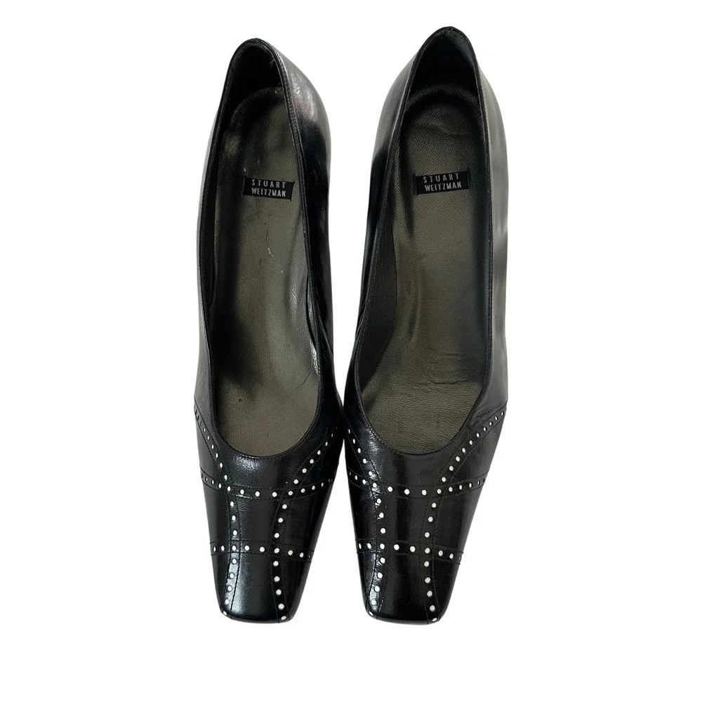 Stuart Weitzman Black Leather Studded Square Toe Block Heel Pumps Spain 10 B